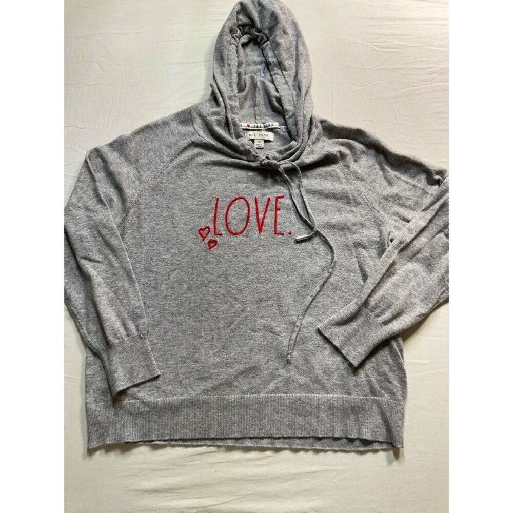 Rae Dunn LOVE Embroidered Knit Hoodie Sweater Grey Red Hearts Large